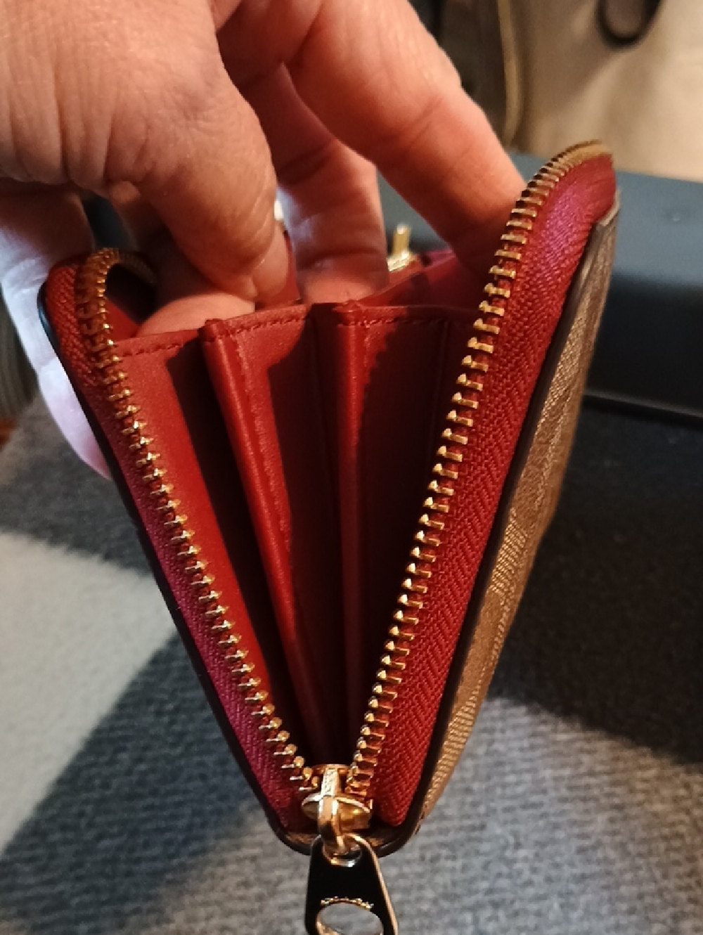Coach Brown/Khaki Signature Zip Wallet with Wine Trim - Picture 9 of 10